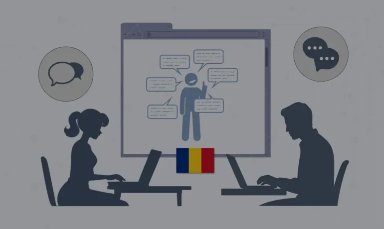 Illustration of two professionals communicating online with a Romanian flag symbolizing nearshore collaboration. Nearshore Romania
