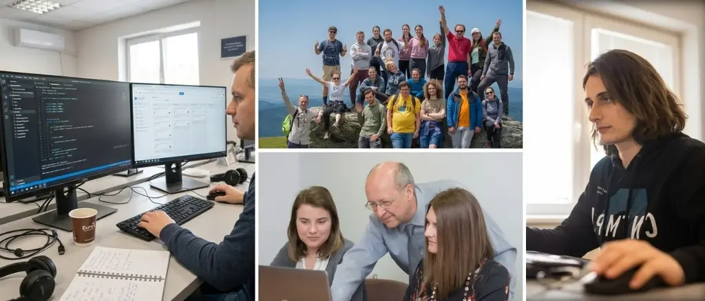 Ambo Software team — developers collaborating in office, outdoor team building, and focused programmer at work